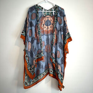 Quagga Poncho Open Front Duster Coverup Women's One Size Blue Orange Boho India